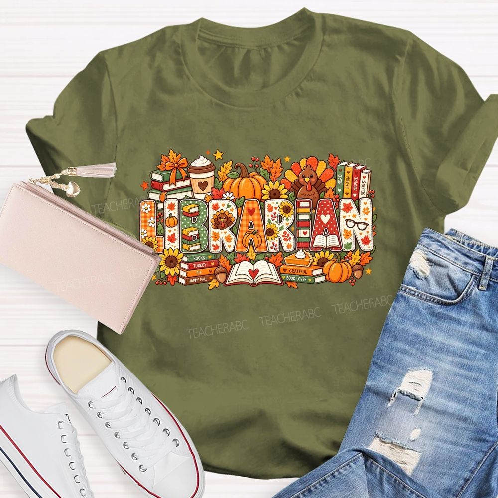 Autumn Fall Librarian Pumpkin Turkey Teacher T-shirt