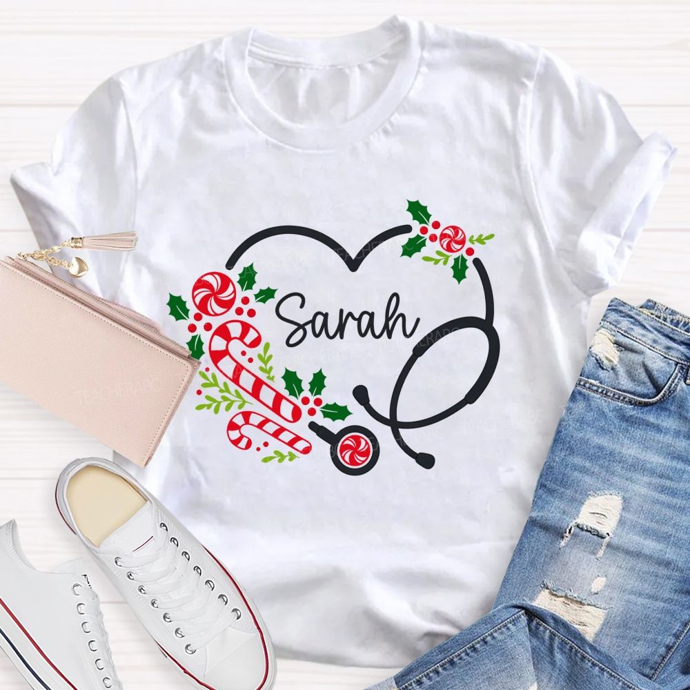 Personalized Name School Nurse Heart Stethoscope Christmas T-shirt