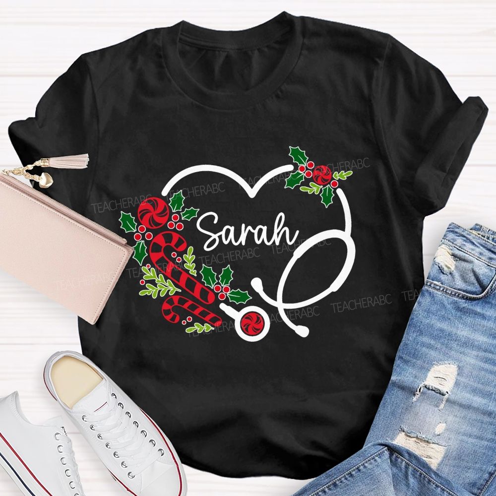 Personalized Name School Nurse Heart Stethoscope Christmas T-shirt