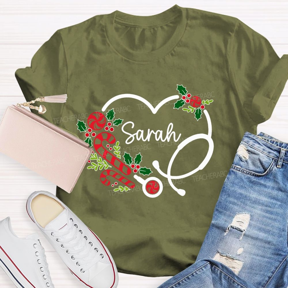 Personalized Name School Nurse Heart Stethoscope Christmas T-shirt