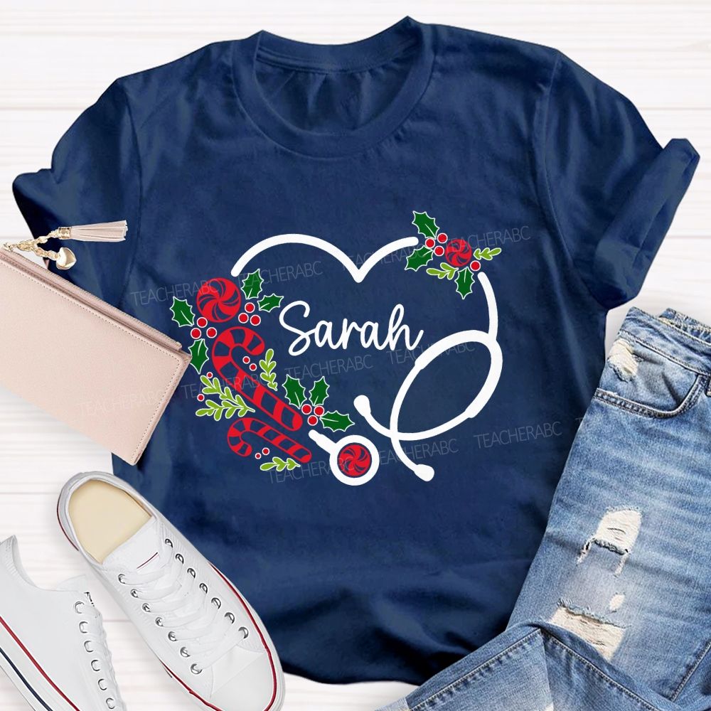 Personalized Name School Nurse Heart Stethoscope Christmas T-shirt