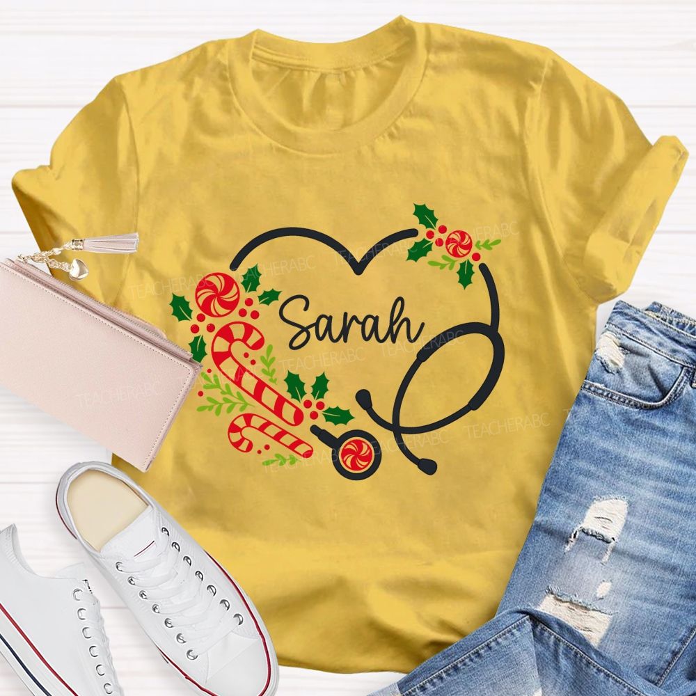 Personalized Name School Nurse Heart Stethoscope Christmas T-shirt