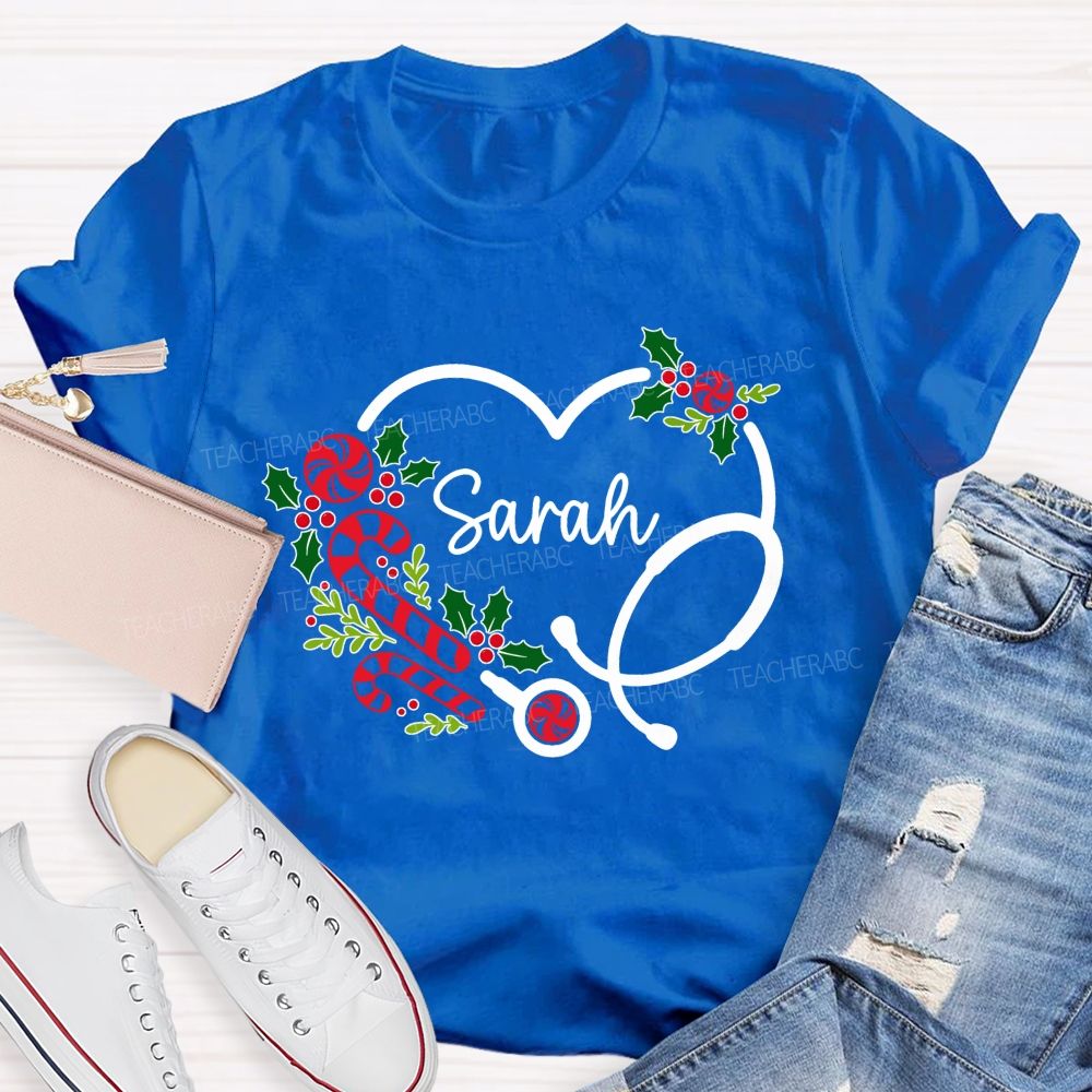 Personalized Name School Nurse Heart Stethoscope Christmas T-shirt
