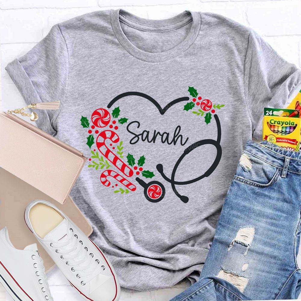 Personalized Name School Nurse Heart Stethoscope Christmas T-shirt