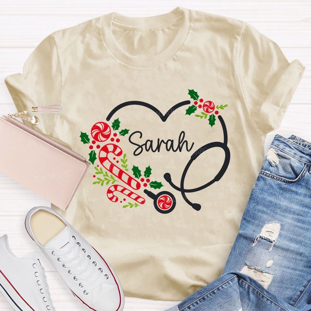 Personalized Name School Nurse Heart Stethoscope Christmas T-shirt
