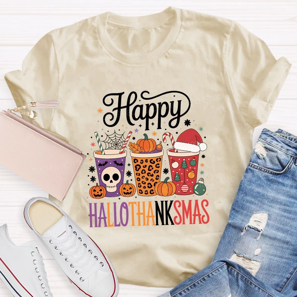 Happy Hallothanksmas Pumpkin Teacher T-shirt
