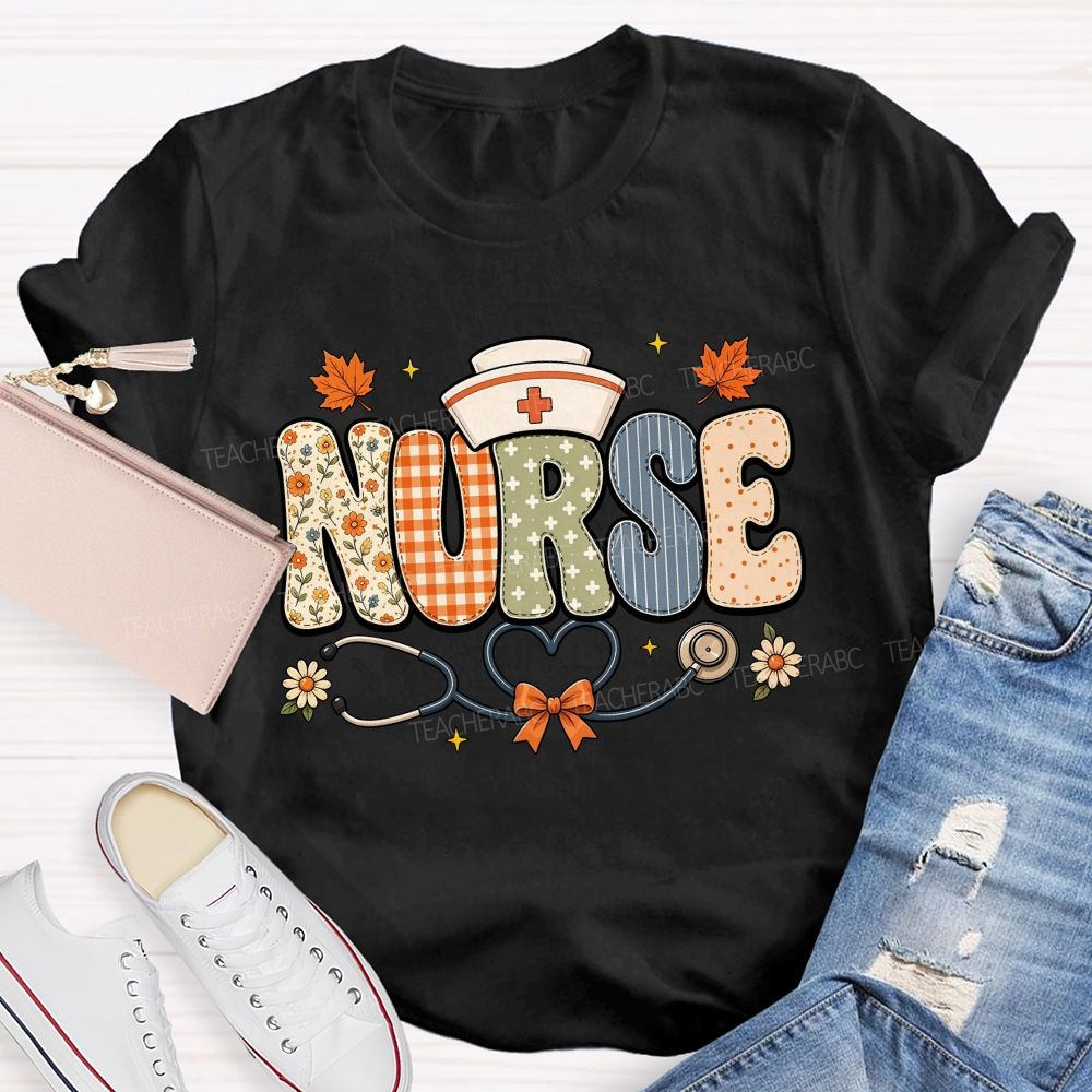 Nurse Orange Plaid Letters Teacher T-shirt