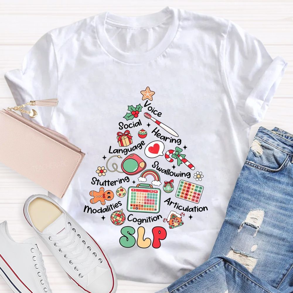 Slp Christmas Tree‑Speech Language Pathologist Holiday Teacher T-shirt