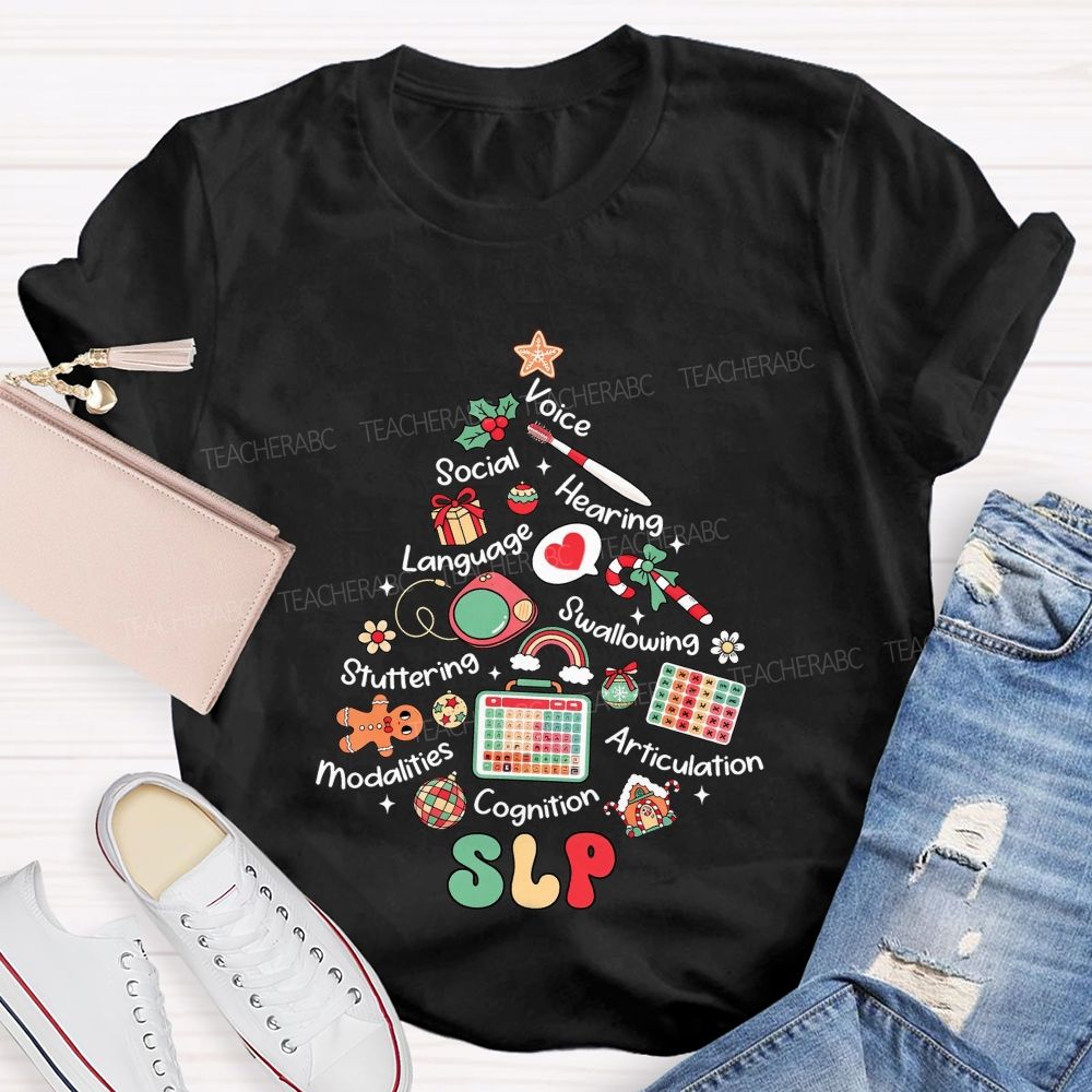 Slp Christmas Tree‑Speech Language Pathologist Holiday Teacher T-shirt