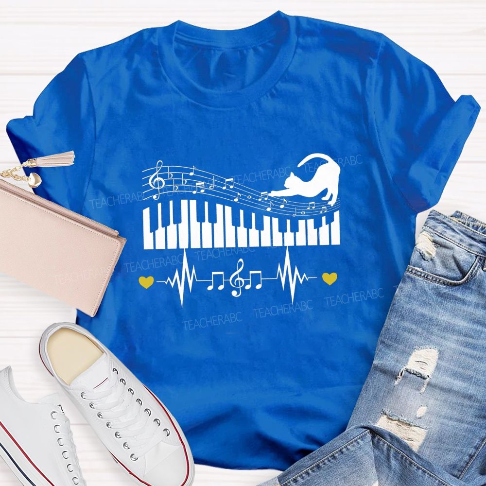 Cat Playing Music Piano Keyboard Heartbeat Music Lover Teacher T-shirt