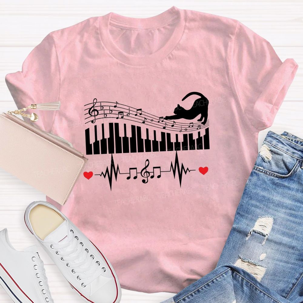 Cat Playing Music Piano Keyboard Heartbeat Music Lover Teacher T-shirt