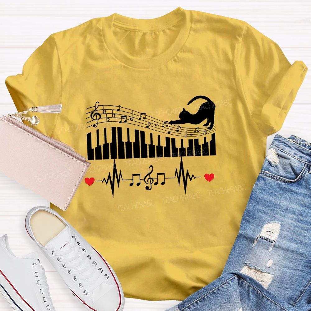 Cat Playing Music Piano Keyboard Heartbeat Music Lover Teacher T-shirt