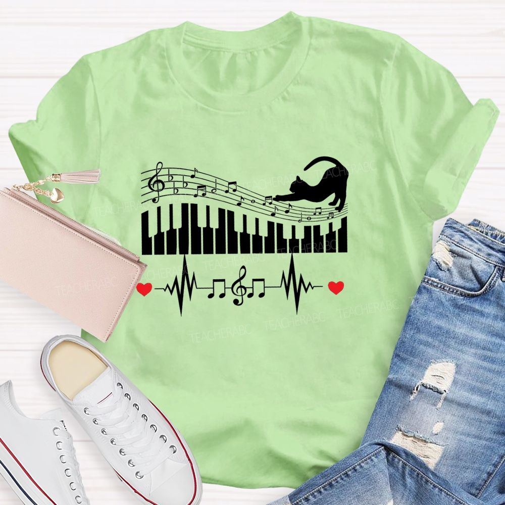 Cat Playing Music Piano Keyboard Heartbeat Music Lover Teacher T-shirt
