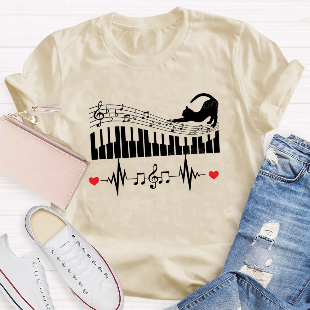 Cat Playing Music Piano Keyboard Heartbeat Music Lover Teacher T-shirt