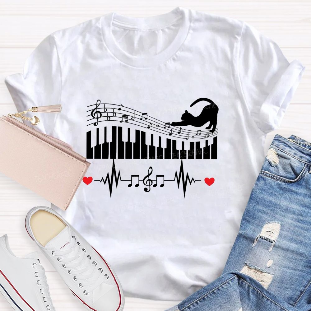 Cat Playing Music Piano Keyboard Heartbeat Music Lover Teacher T-shirt