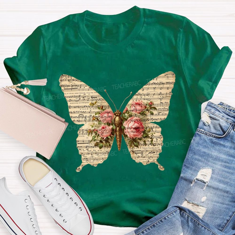 Sheet Music Butterfly With Pink Roses Music Teacher T-shirt