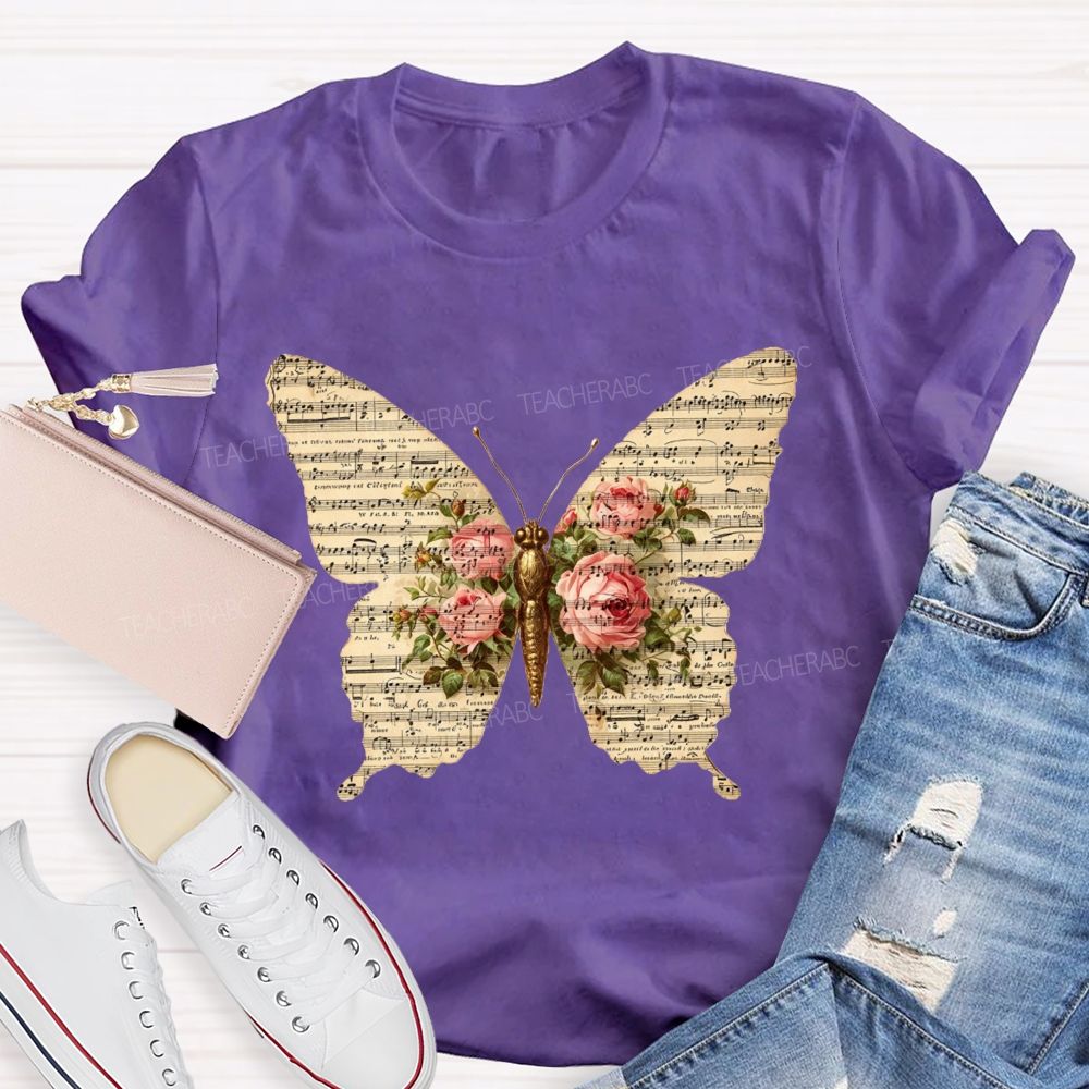 Sheet Music Butterfly With Pink Roses Music Teacher T-shirt