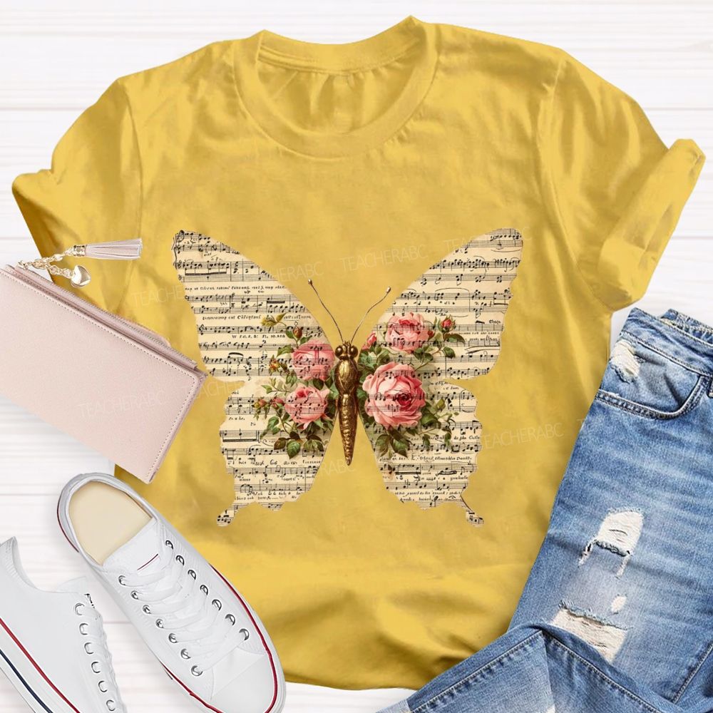 Sheet Music Butterfly With Pink Roses Music Teacher T-shirt