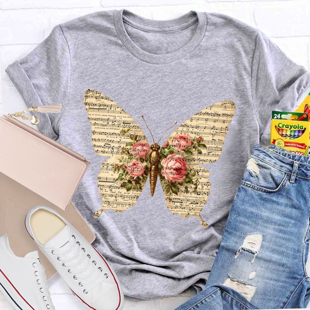 Sheet Music Butterfly With Pink Roses Music Teacher T-shirt