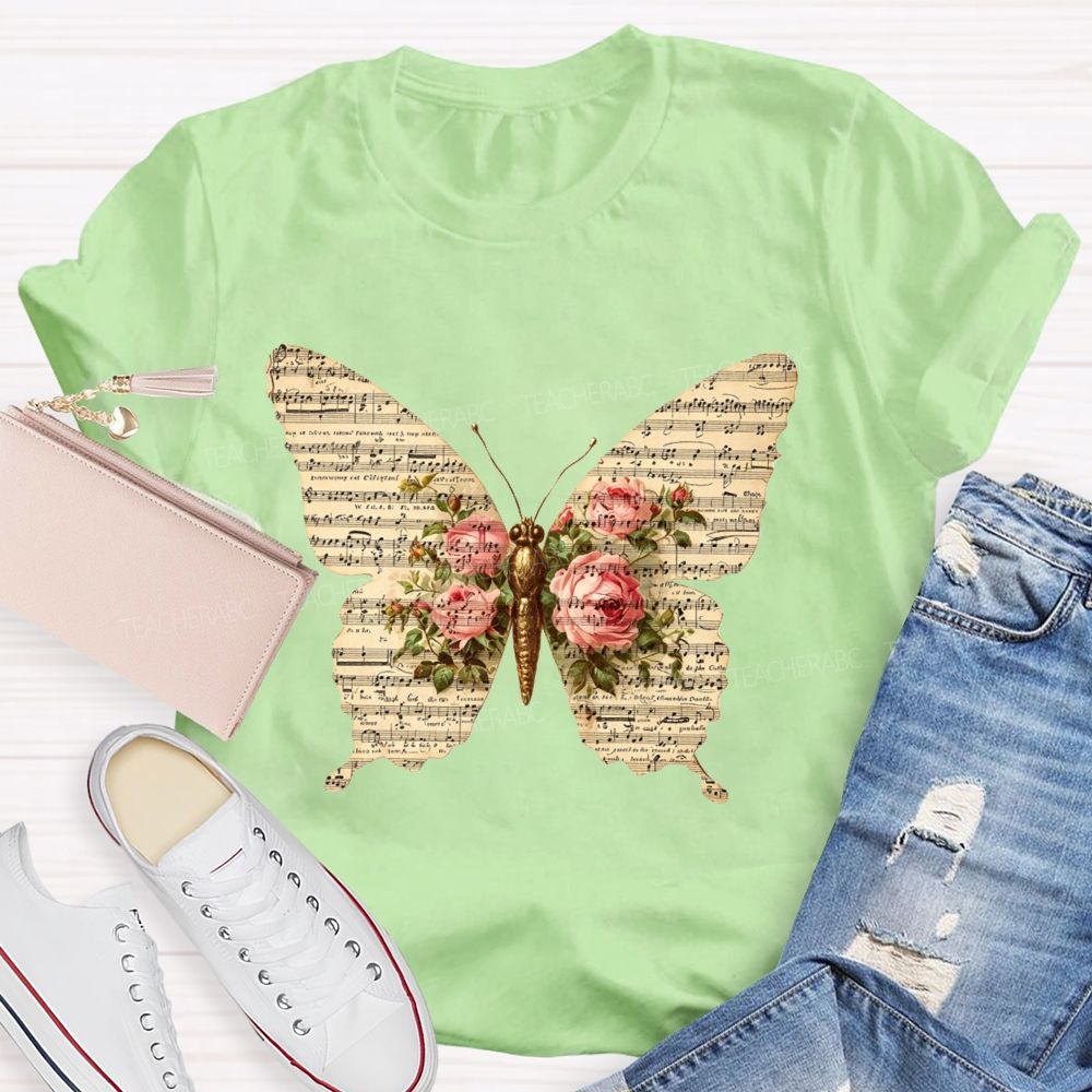 Sheet Music Butterfly With Pink Roses Music Teacher T-shirt