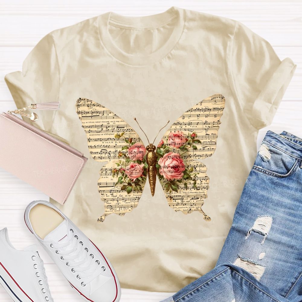 Sheet Music Butterfly With Pink Roses Music Teacher T-shirt