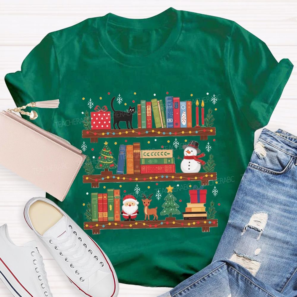 Christmas Bookshelf Black Cat Santa Snowman Librarian Teacher T-shirt