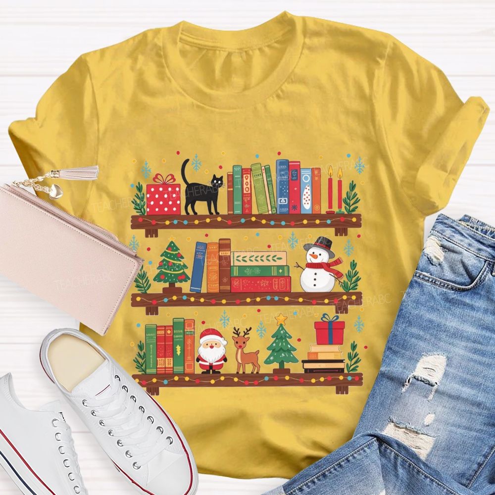 Christmas Bookshelf Black Cat Santa Snowman Librarian Teacher T-shirt