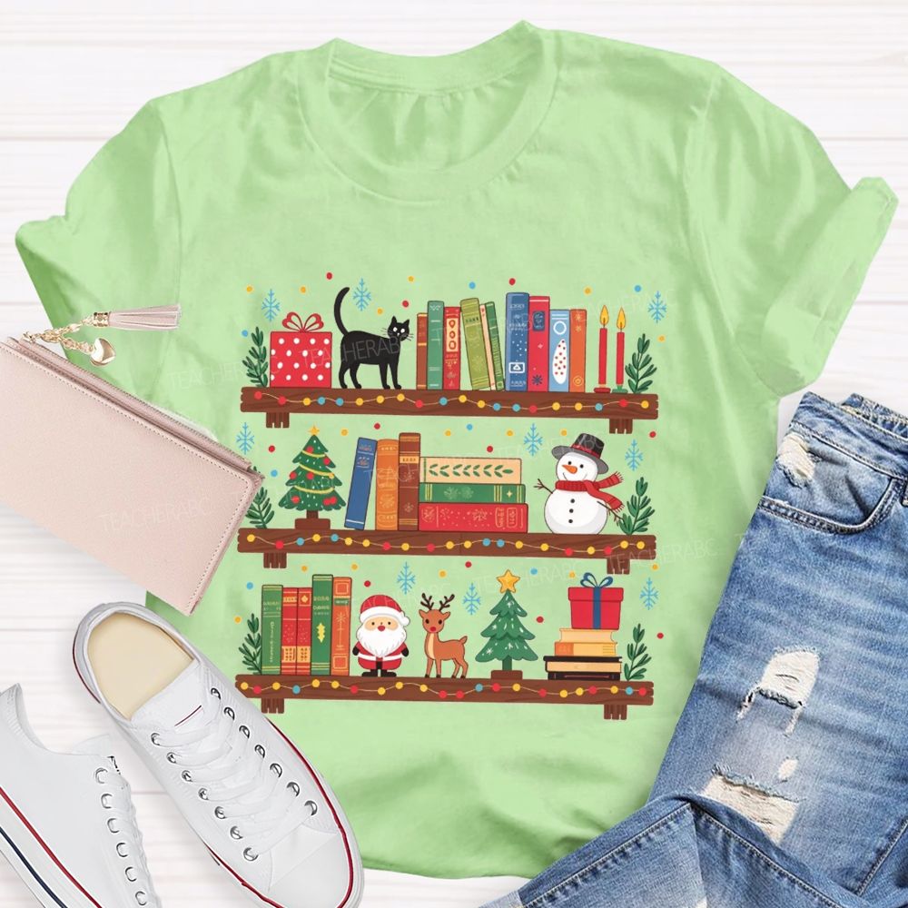 Christmas Bookshelf Black Cat Santa Snowman Librarian Teacher T-shirt