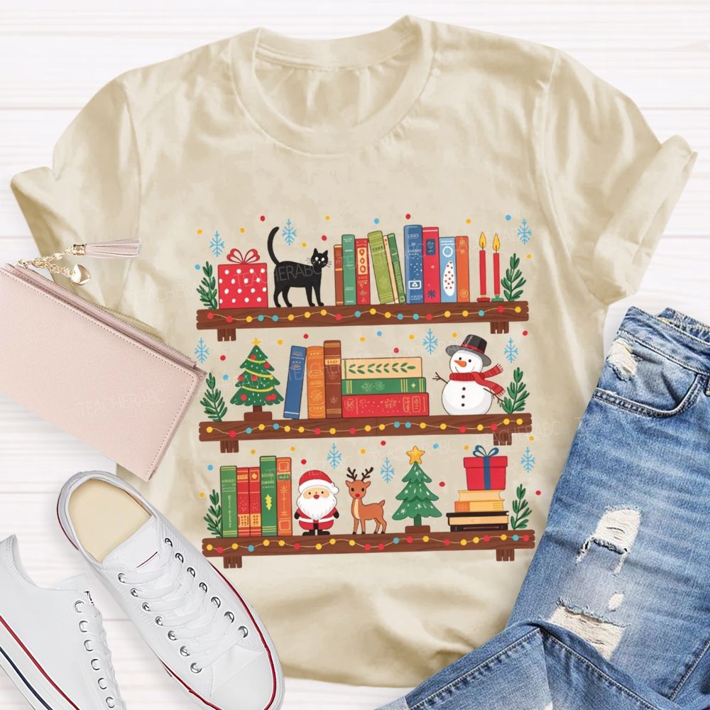 Christmas Bookshelf Black Cat Santa Snowman Librarian Teacher T-shirt