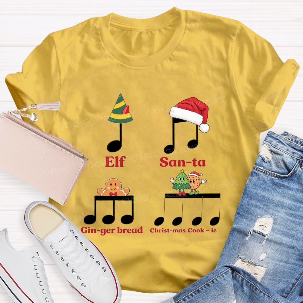 Christmas Music Rhythm Elf Santa Gingerbread Cookie Teacher T-shirt