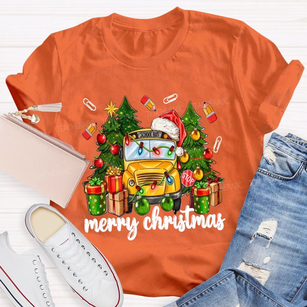 Merry Christmas School Bus Santa Hat Pencil T-shirt