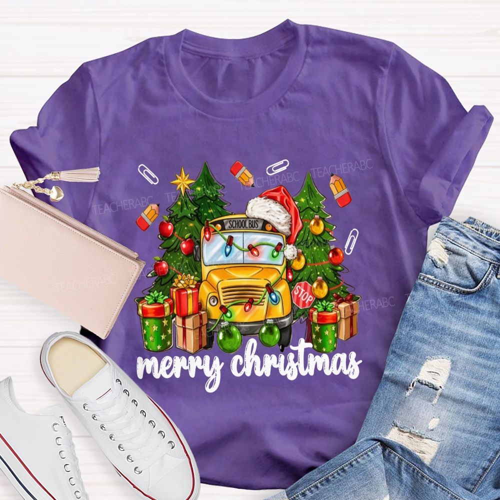 Merry Christmas School Bus Santa Hat Pencil T-shirt