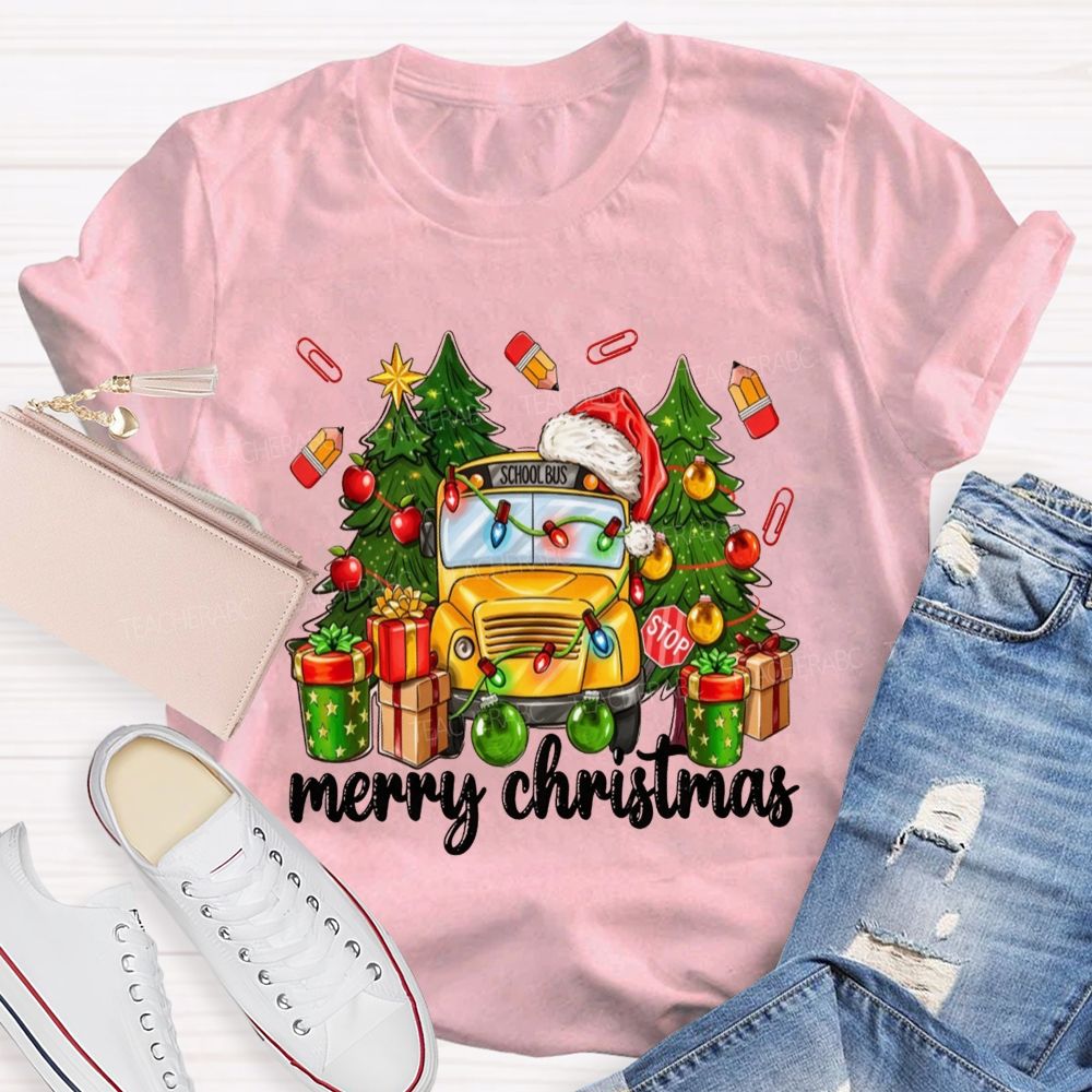 Merry Christmas School Bus Santa Hat Pencil T-shirt