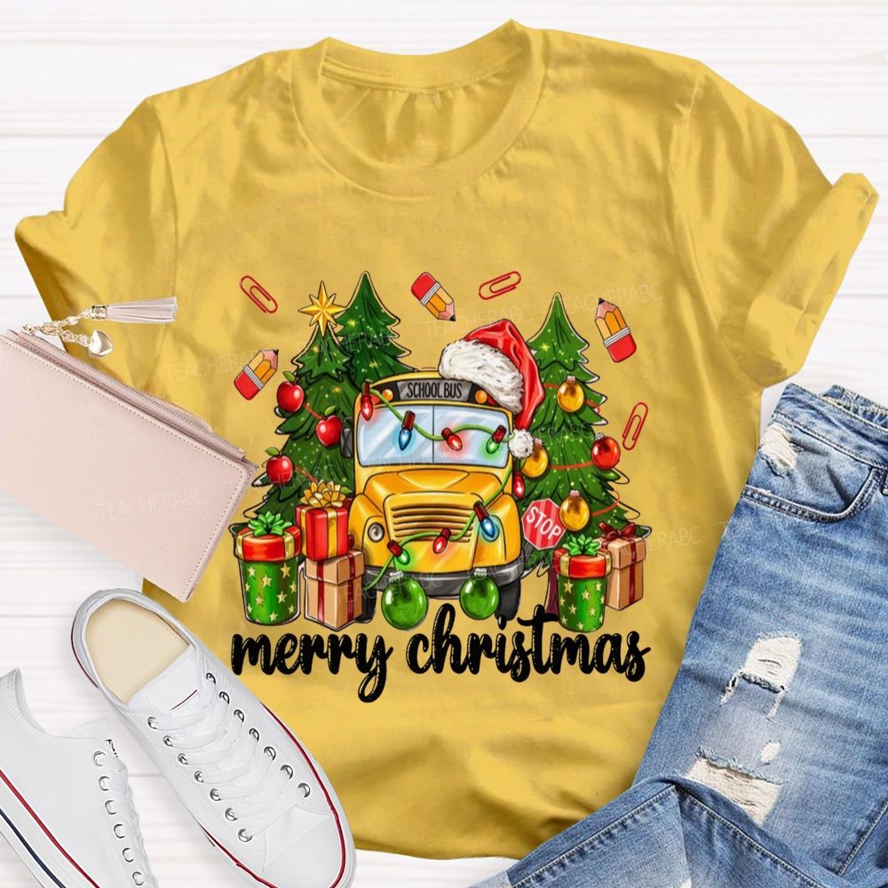 Merry Christmas School Bus Santa Hat Pencil T-shirt