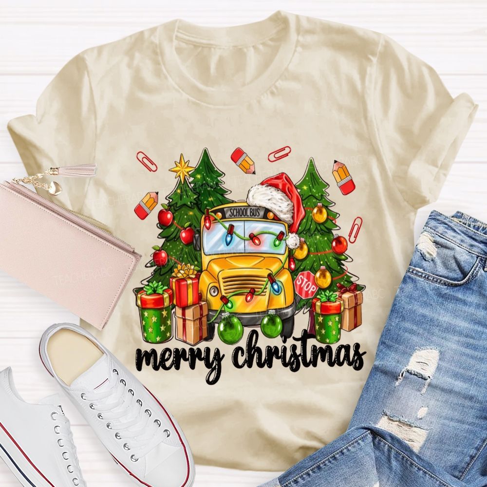 Merry Christmas School Bus Santa Hat Pencil T-shirt