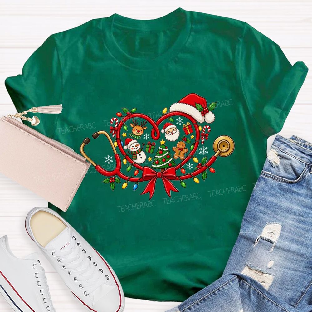 Christmas Heart Stethoscope Santa Snowman Nurse T-shirt