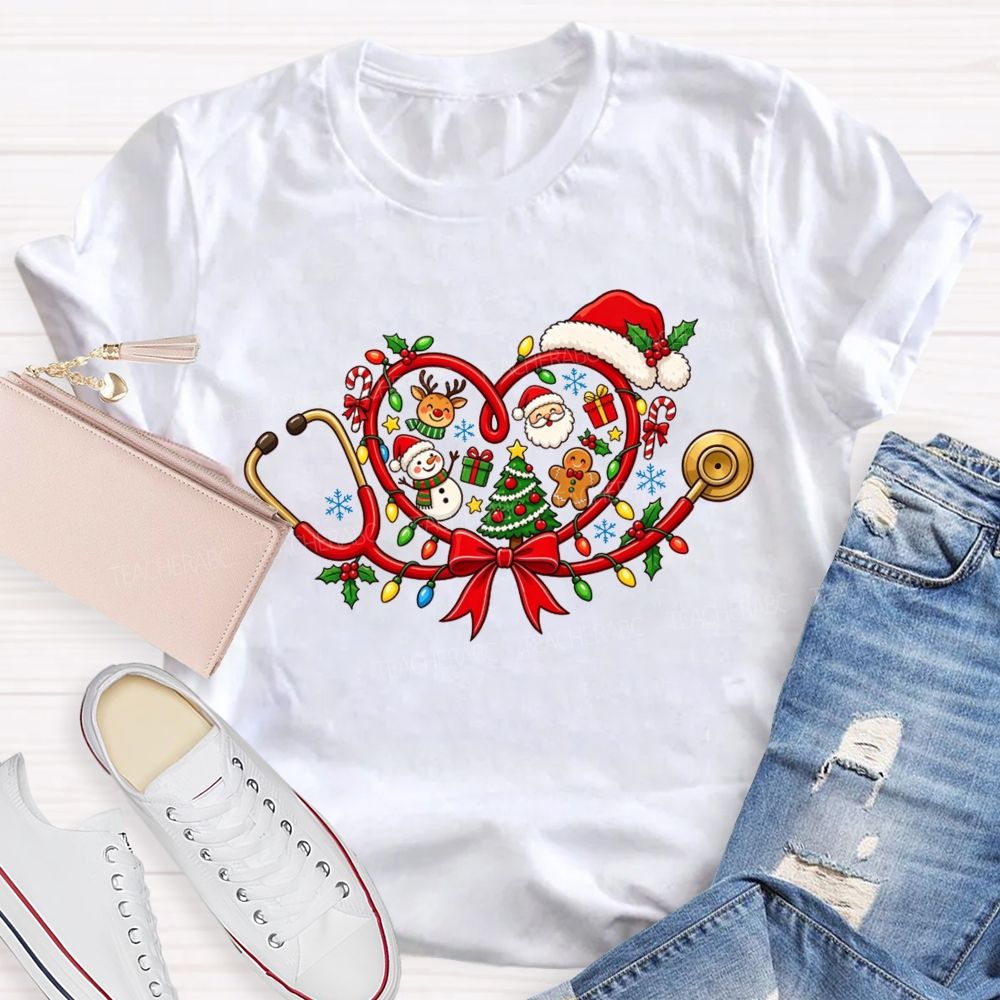 Christmas Heart Stethoscope Santa Snowman Nurse T-shirt