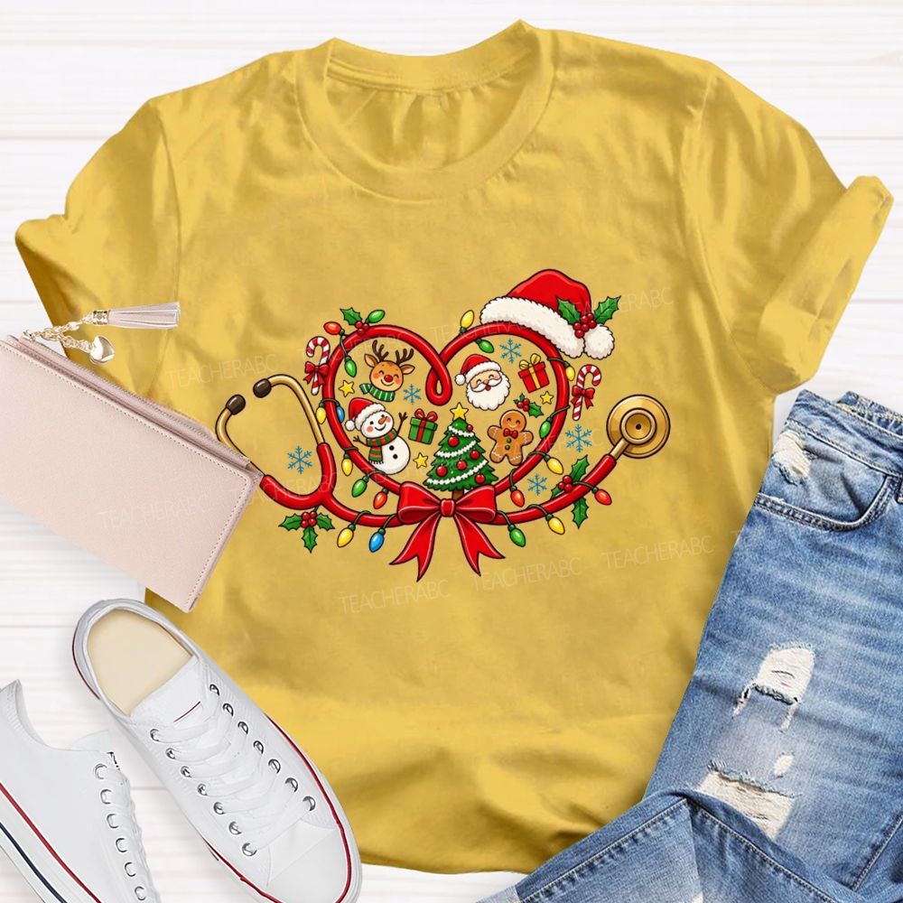 Christmas Heart Stethoscope Santa Snowman Nurse T-shirt