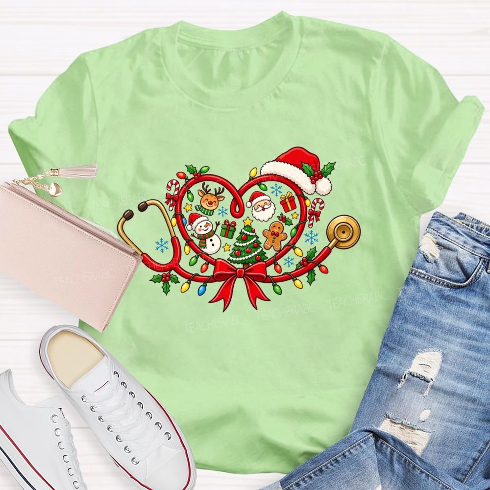 Christmas Heart Stethoscope Santa Snowman Nurse T-shirt