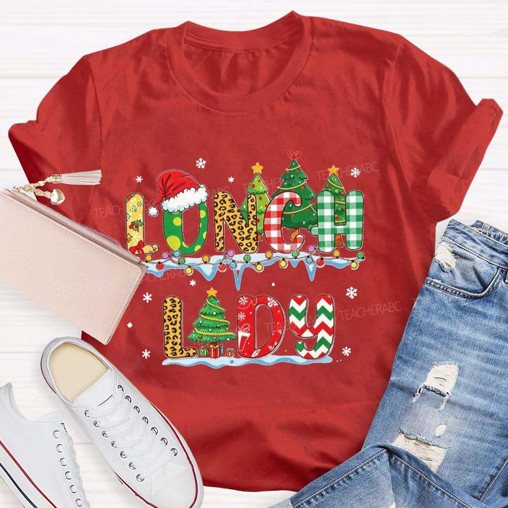 Christmas Lunch Lady Retro Patterned Letter T-shirt