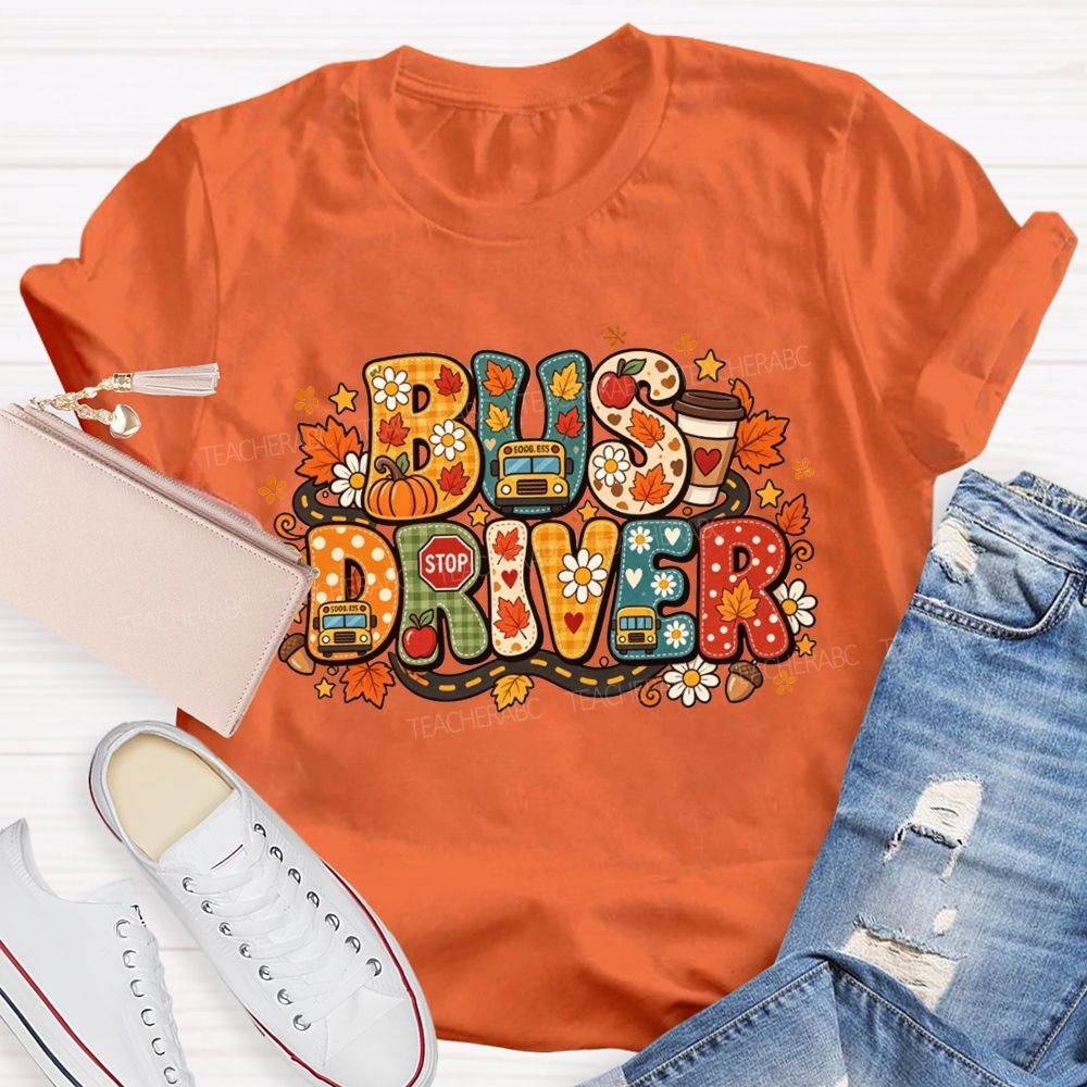 Fall Bus Driver Retro Letter Autumn School Bus T-shirt