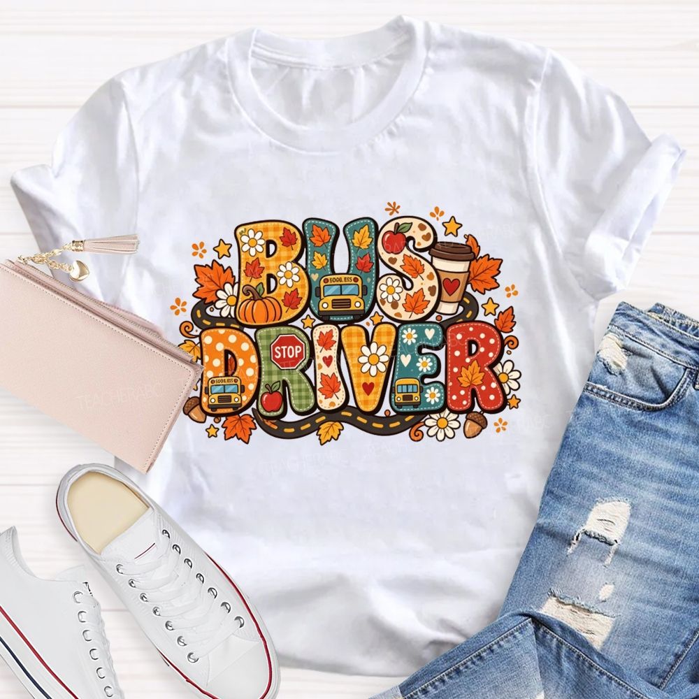 Fall Bus Driver Retro Letter Autumn School Bus T-shirt