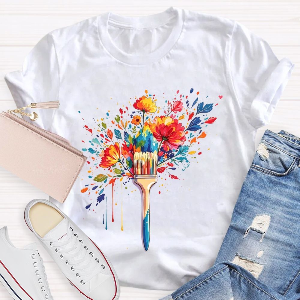 Colorful Paintbrush Blooming With Flowers For Art Teacher T-shirt