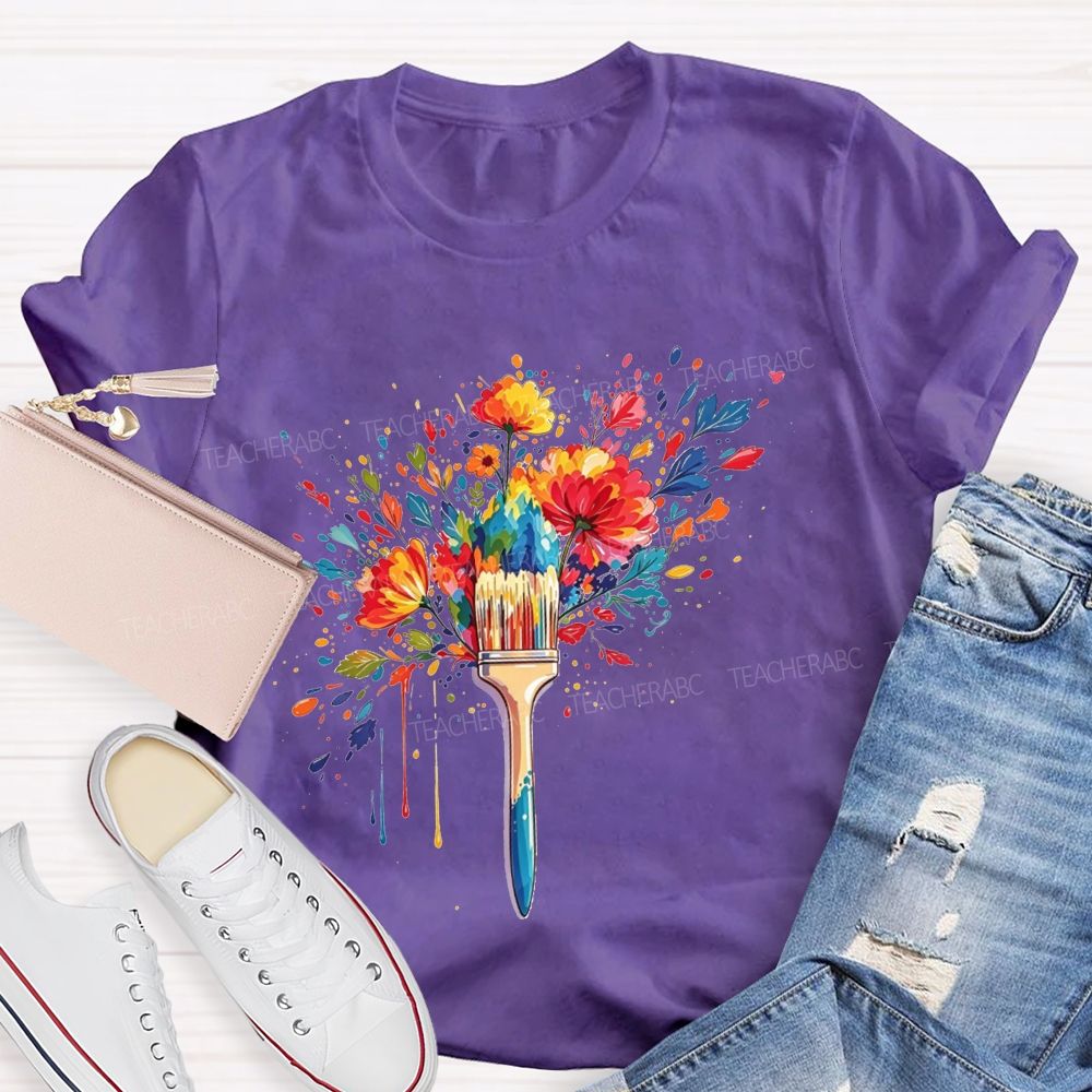 Colorful Paintbrush Blooming With Flowers For Art Teacher T-shirt