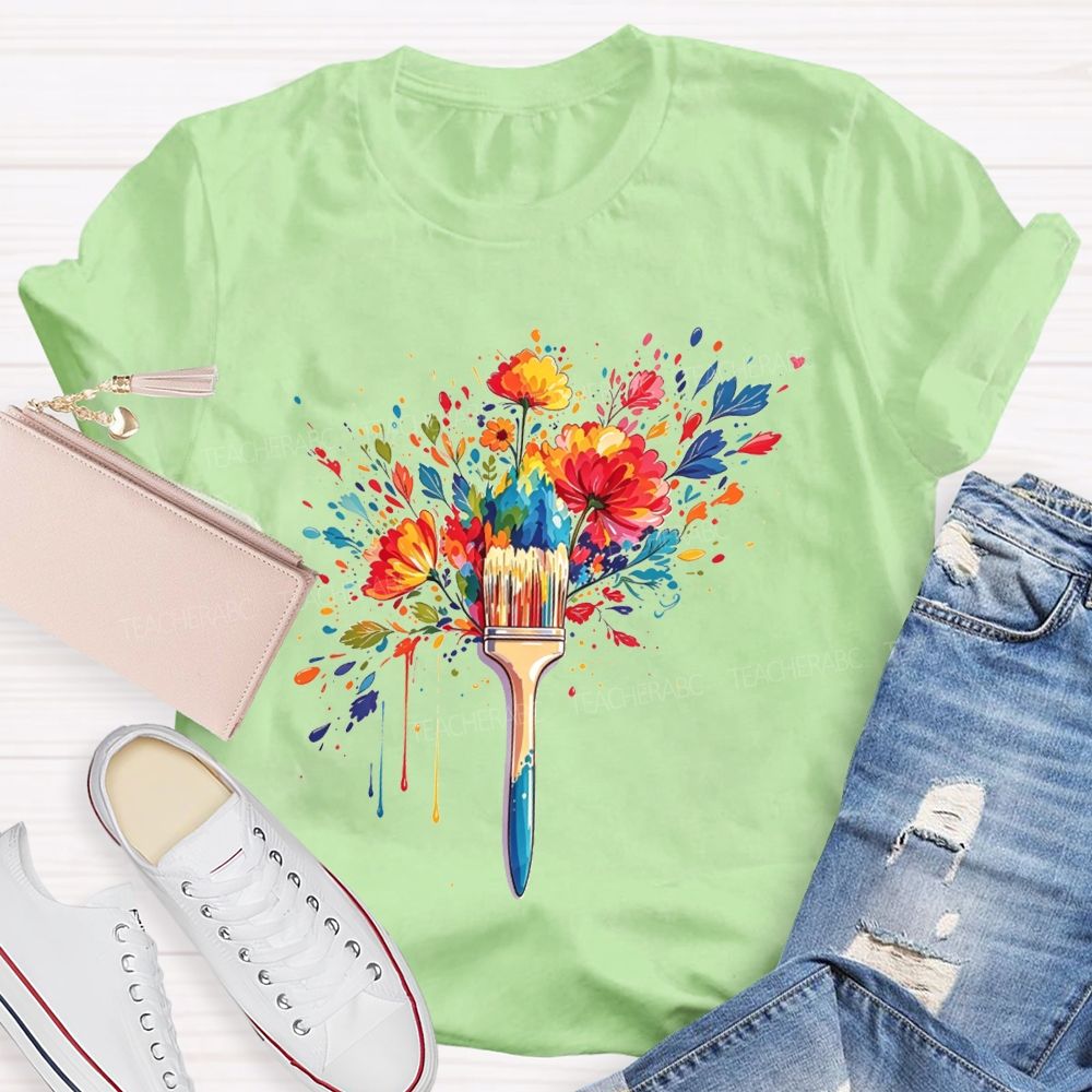 Colorful Paintbrush Blooming With Flowers For Art Teacher T-shirt