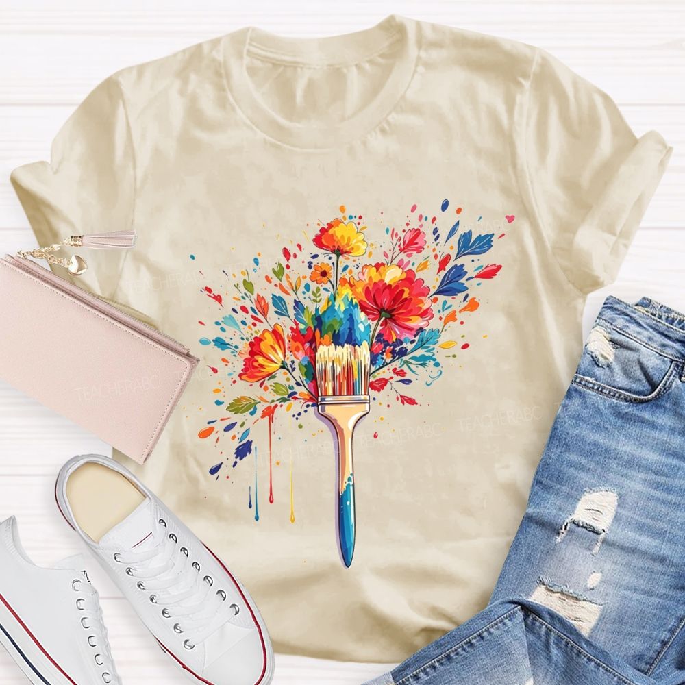 Colorful Paintbrush Blooming With Flowers For Art Teacher T-shirt