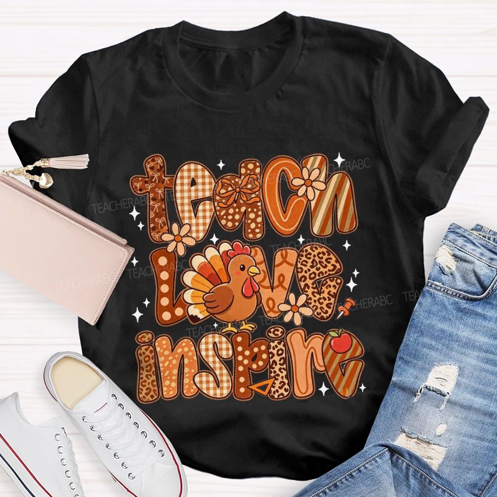 Teach Love Inspire Turkey Retro Fall Thanksgiving Teacher T-shirt
