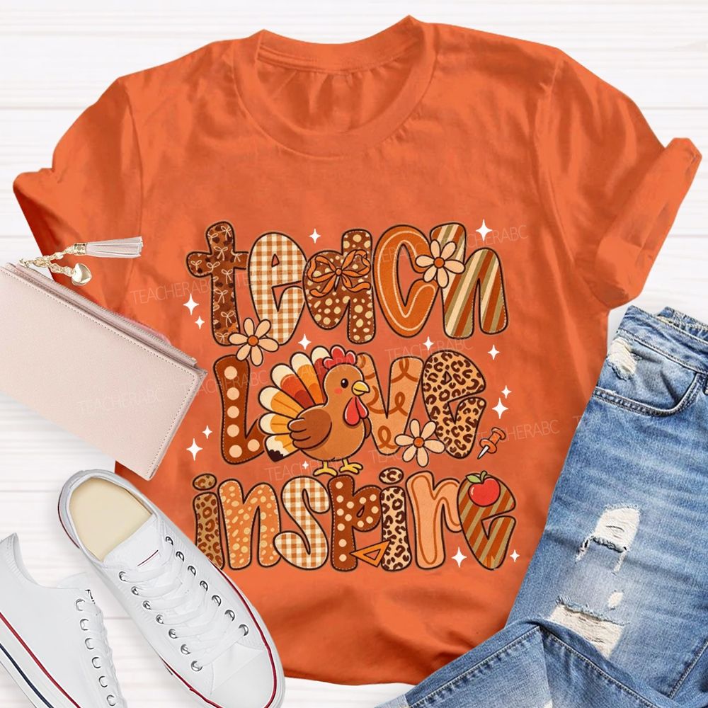 Teach Love Inspire Turkey Retro Fall Thanksgiving Teacher T-shirt
