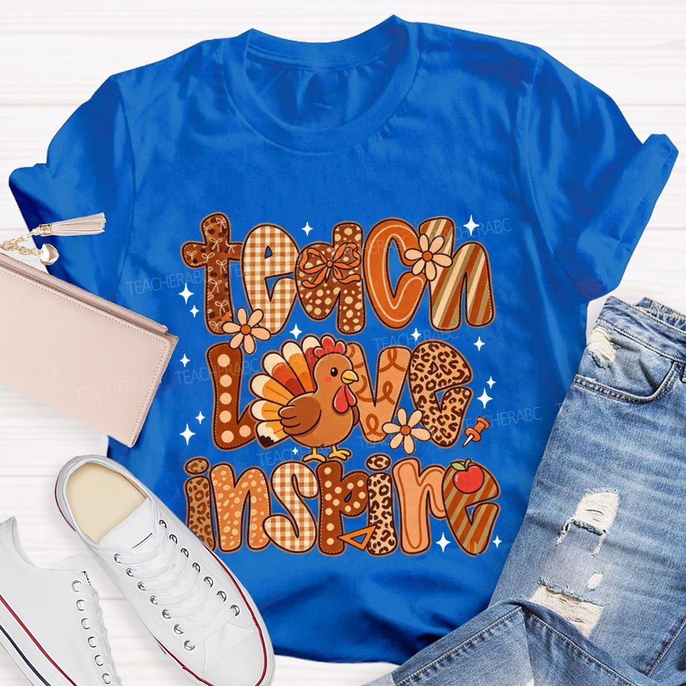Teach Love Inspire Turkey Retro Fall Thanksgiving Teacher T-shirt