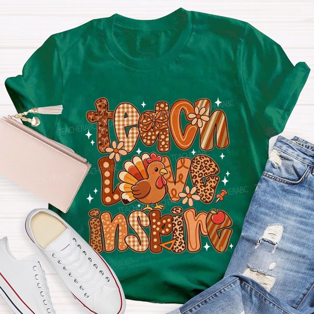 Teach Love Inspire Turkey Retro Fall Thanksgiving Teacher T-shirt